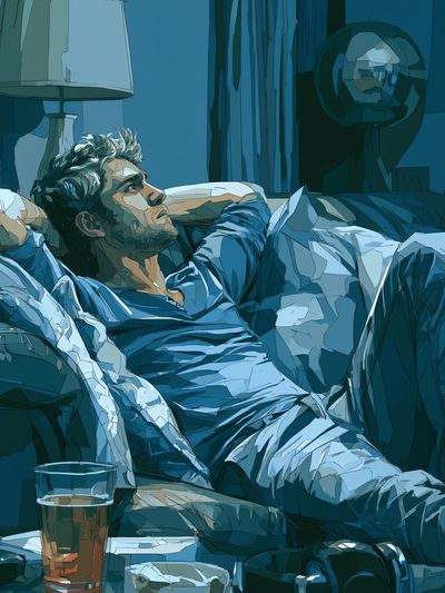 Contemplative Man on Couch Illustration Poster. poster
