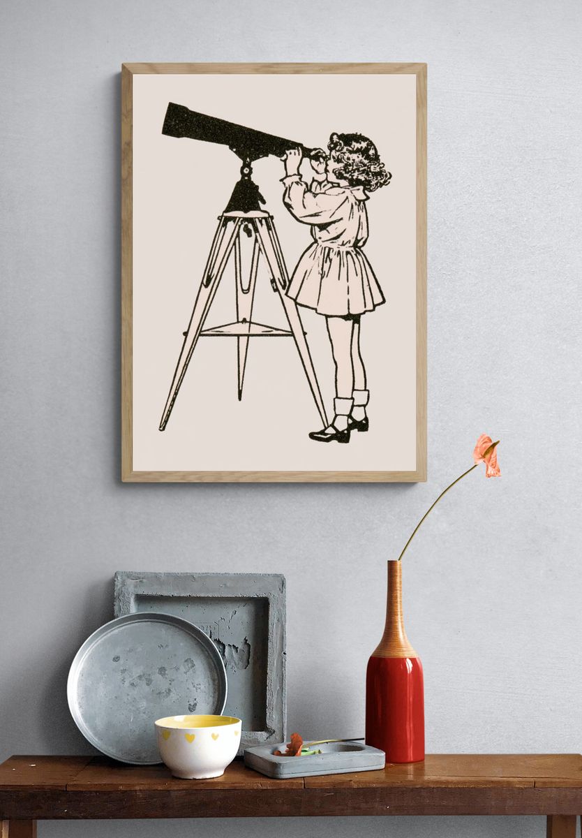 Girl with Telescope Illustration Poster. — room view 3