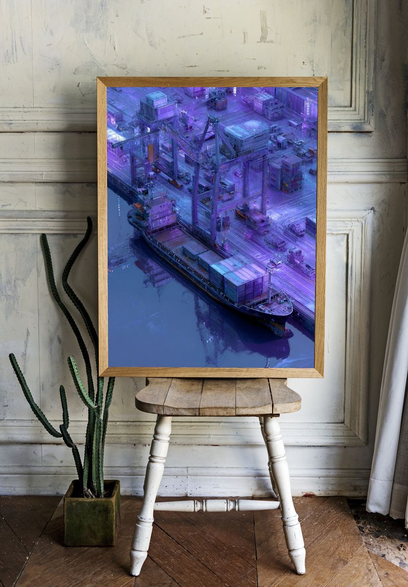 Neon Harbor Crane Digital Art Poster. — room view 1