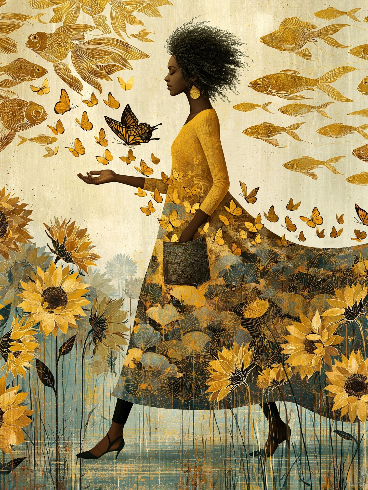 Golden Bloom Woman Illustration Poster. poster detail