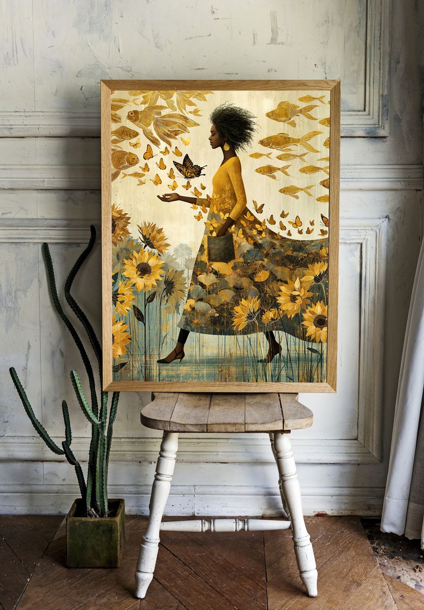 Golden Bloom Woman Illustration Poster. room preview