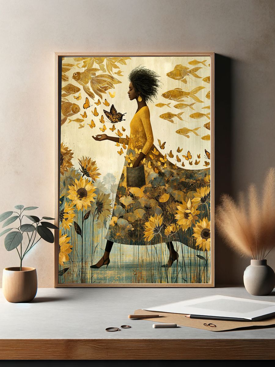 Golden Bloom Woman Illustration Poster. — room view 2