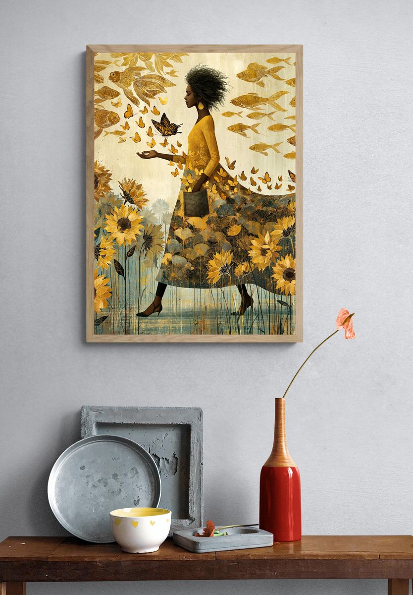 Golden Bloom Woman Illustration Poster. — room view 3