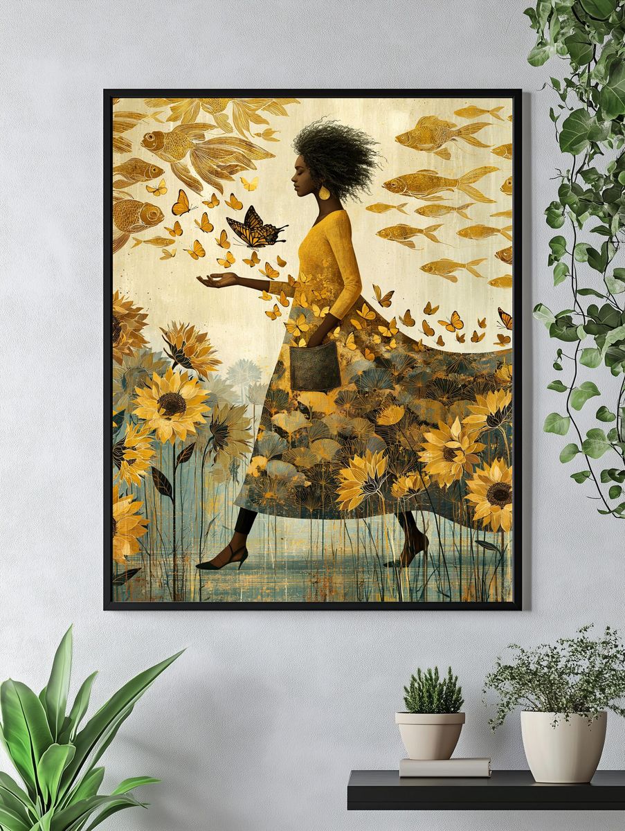 Golden Bloom Woman Illustration Poster. — room view 4