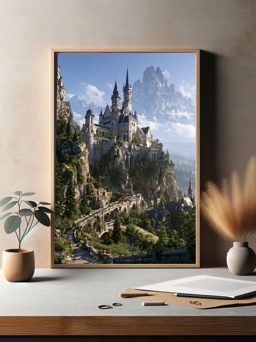 Fantasy Mountain Castle Illustration Poster. — room view 2