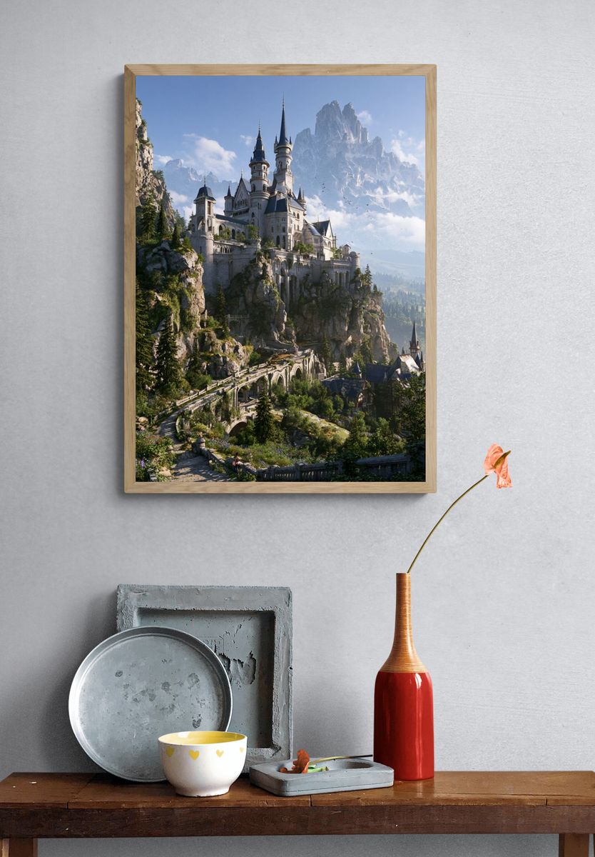 Fantasy Mountain Castle Illustration Poster. — room view 3