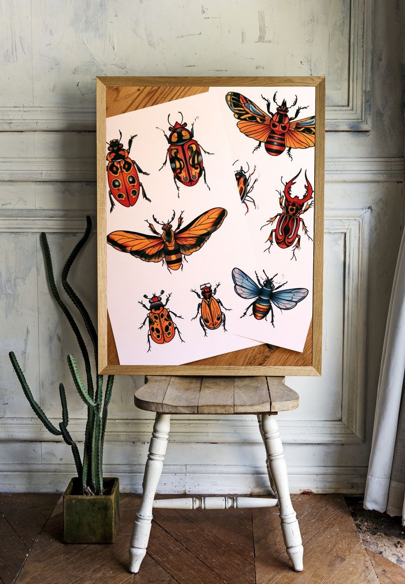 Colorful Insect Study Illustration Poster. — room view 1