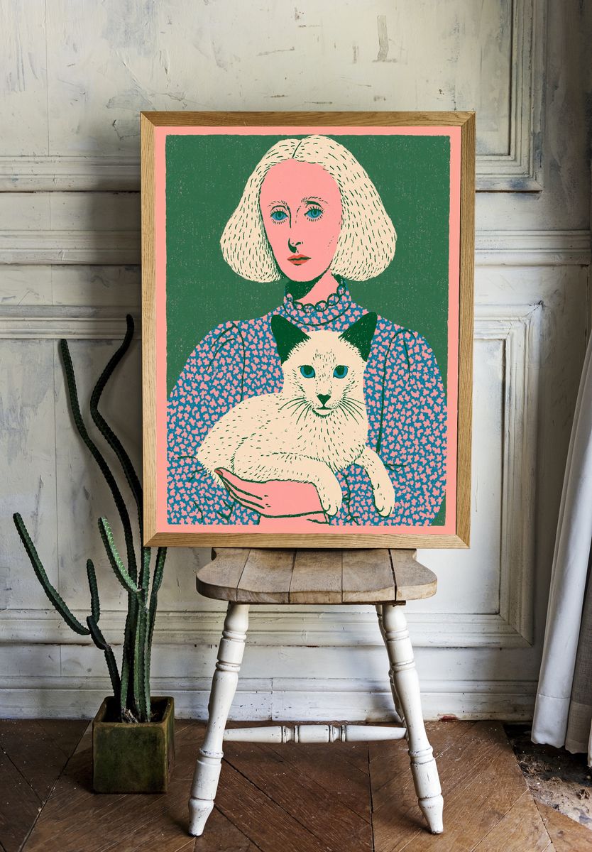 Woman with Cat Illustration Poster. — room view 1