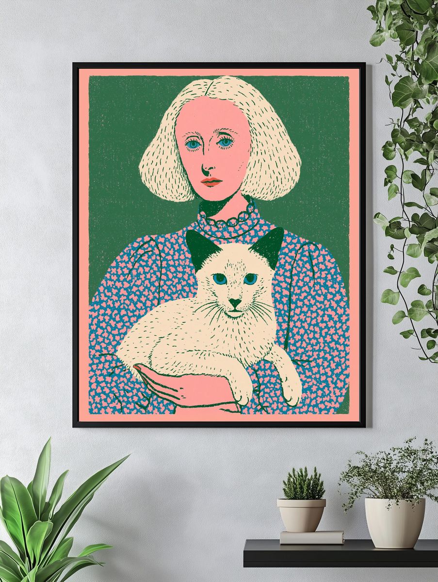 Woman with Cat Illustration Poster. — room view 4