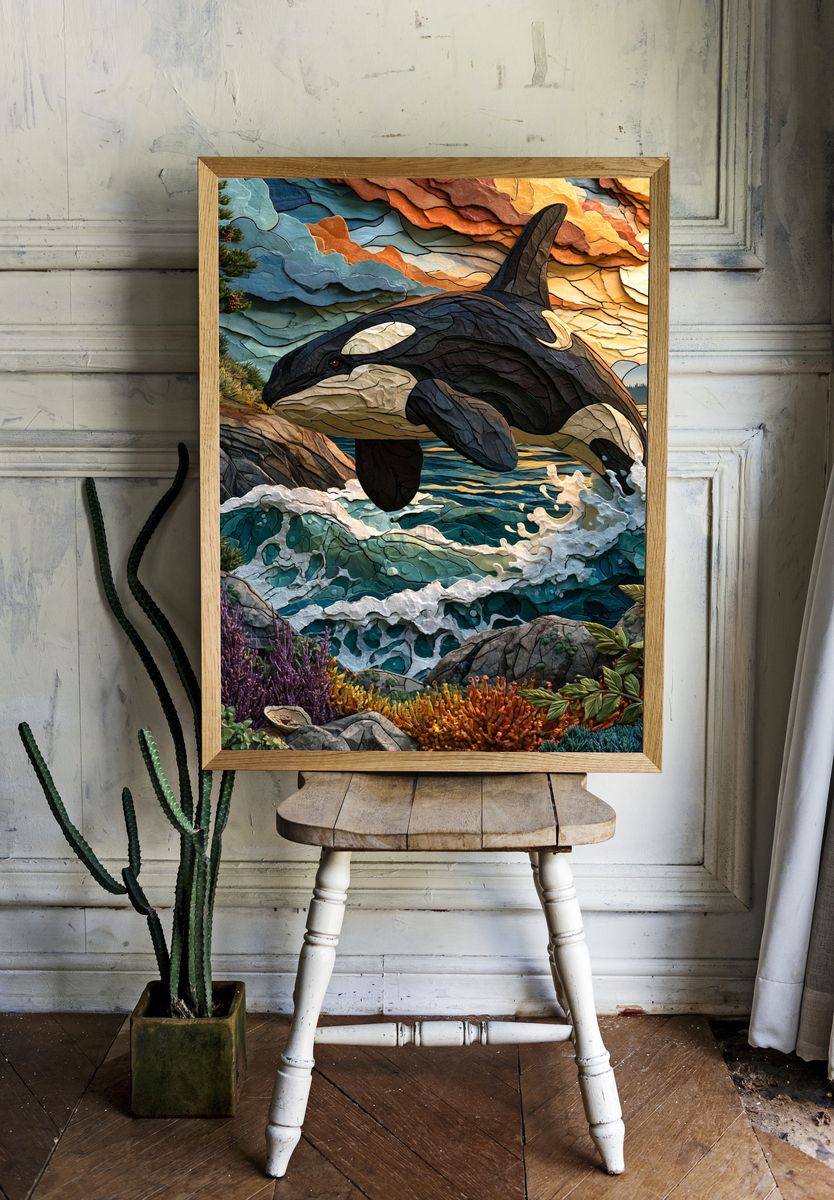 Orca Ocean Sunset Illustration Poster. room preview
