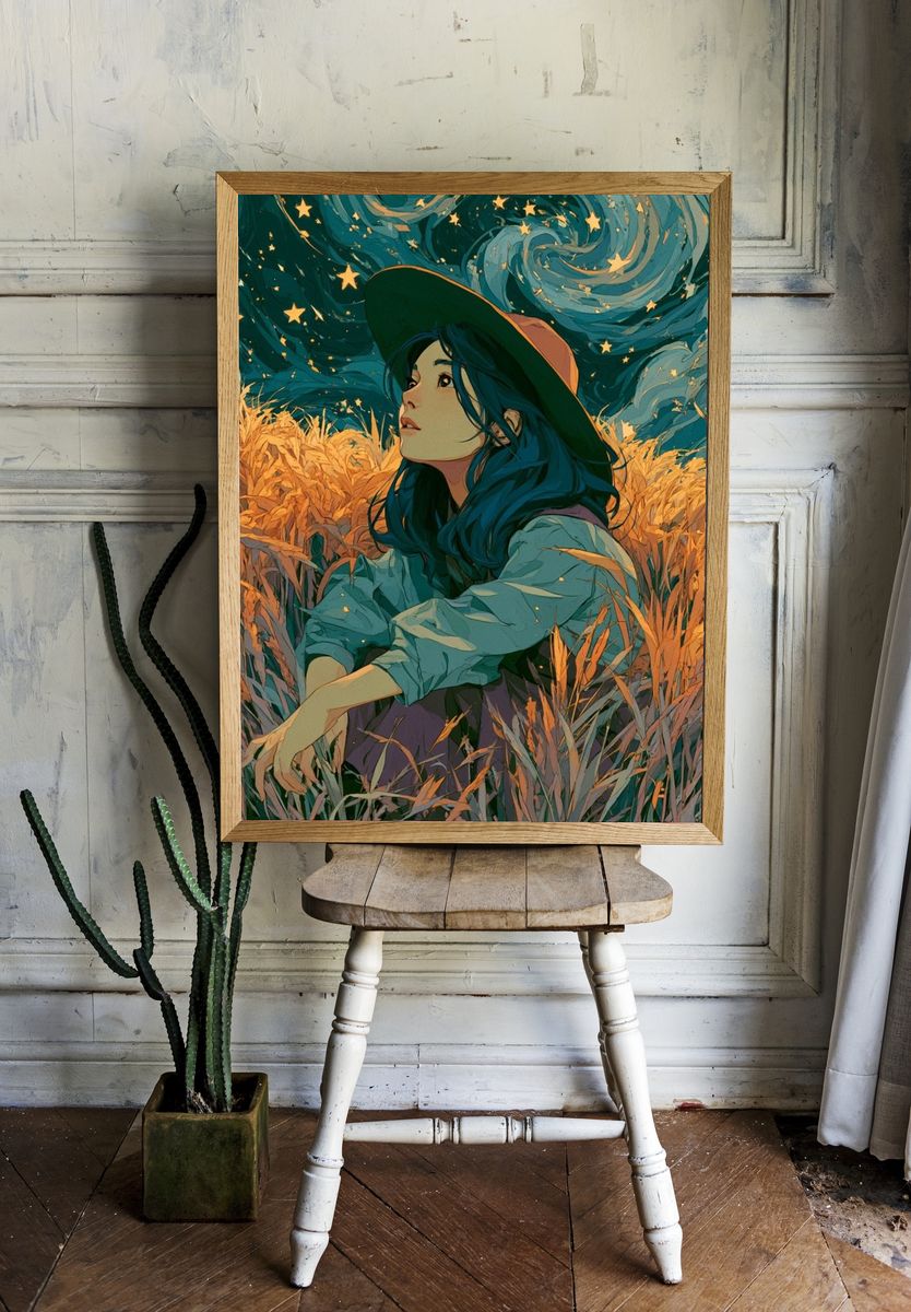 Starry Field Girl Illustration Poster. room preview