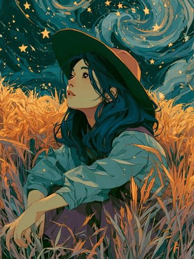 Starry Field Girl Illustration Poster.