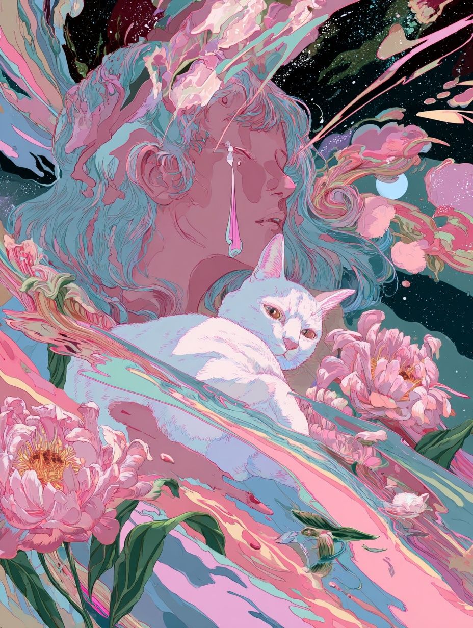Dreaming Cat and Floral Surrealism Poster. poster — illustration art