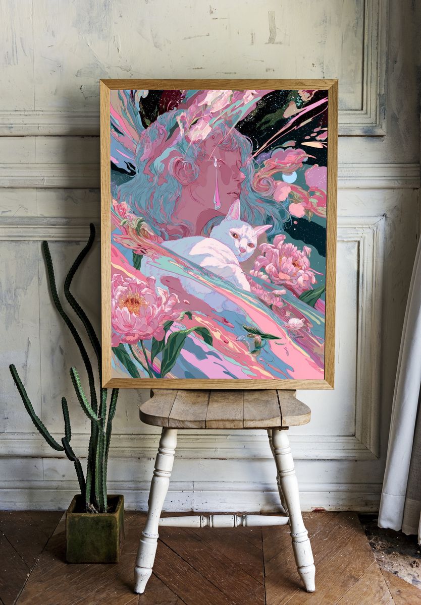Dreaming Cat and Floral Surrealism Poster room preview