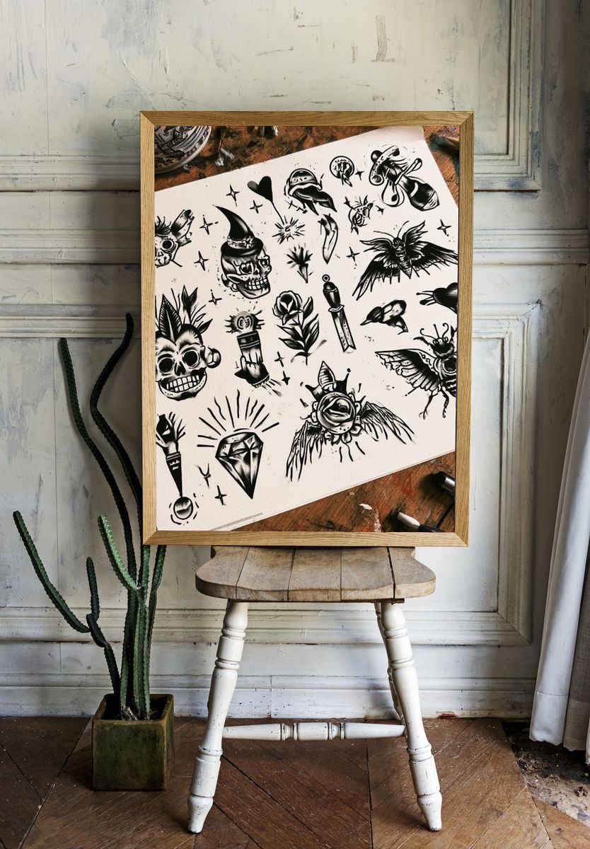 Blackwork Tattoo Flash Poster. — room view 1