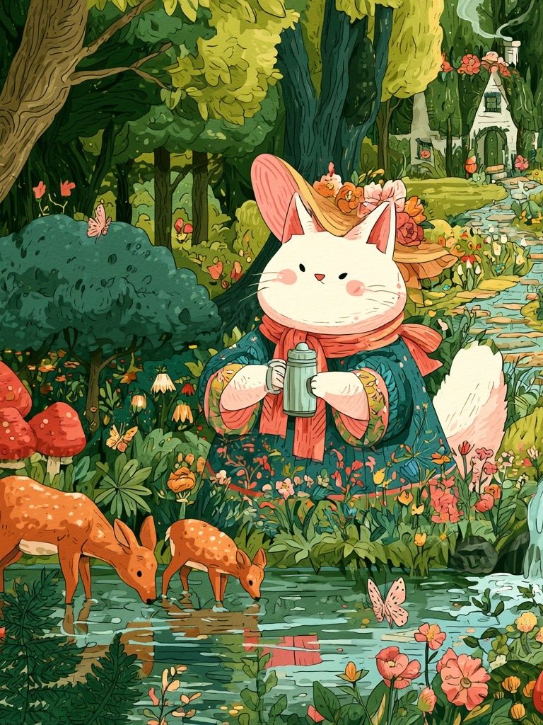 Whimsical Forest Cat Illustration Poster. poster detail
