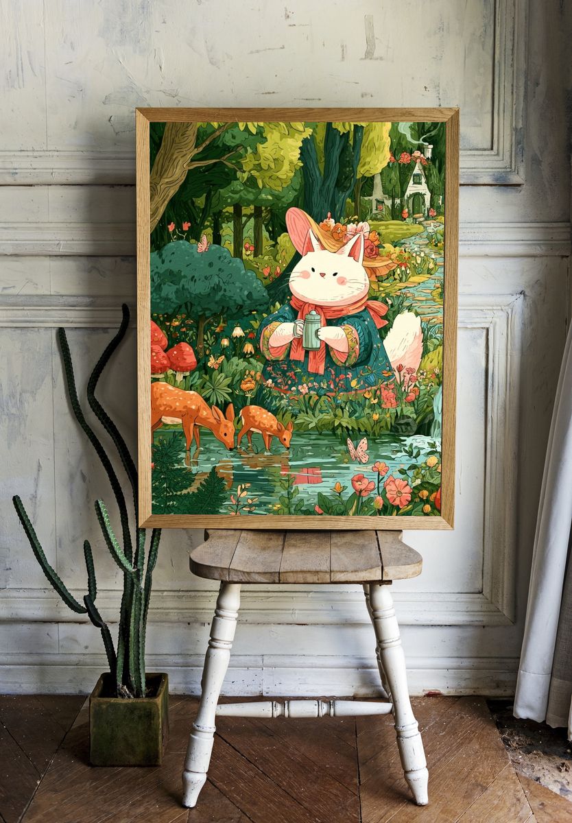 Whimsical Forest Cat Illustration Poster. room preview