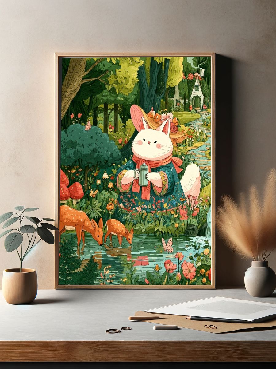 Whimsical Forest Cat Illustration Poster. — room view 2