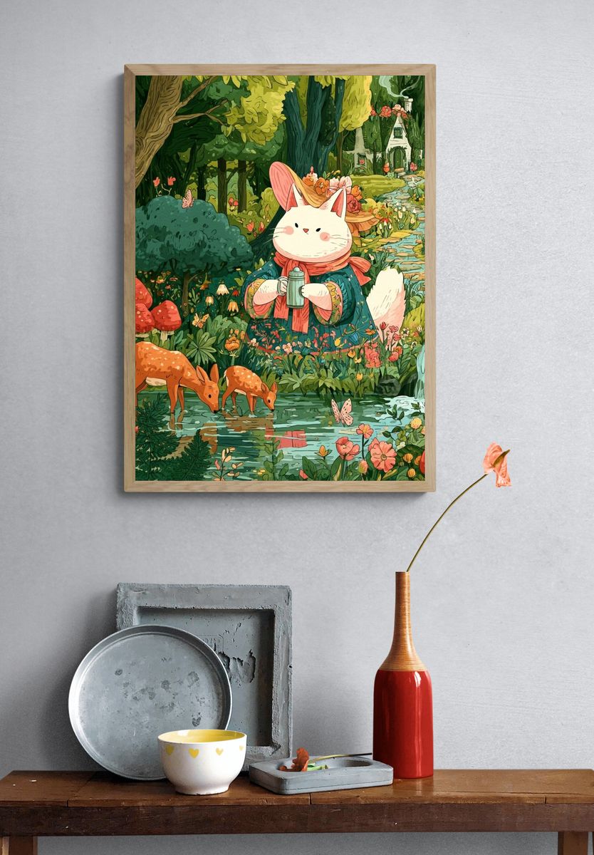 Whimsical Forest Cat Illustration Poster. — room view 3