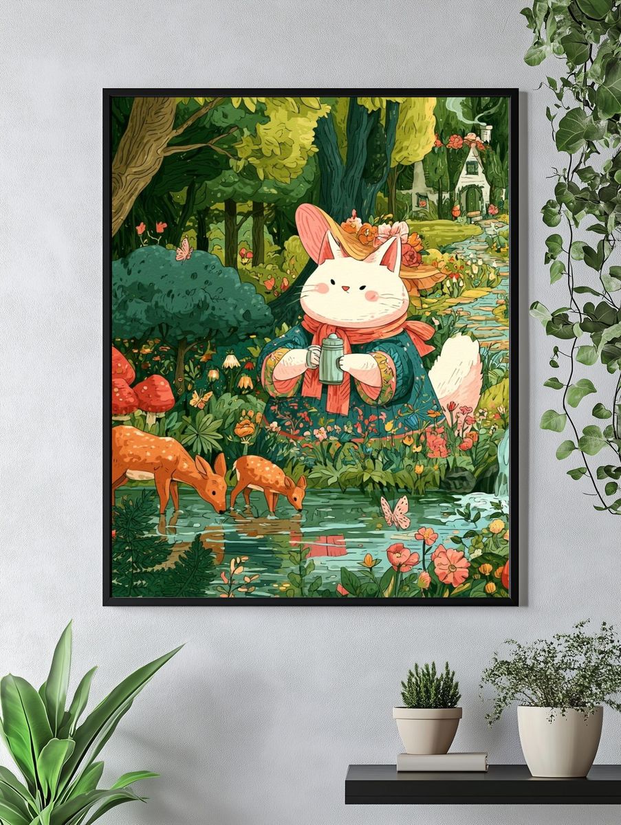 Whimsical Forest Cat Illustration Poster. — room view 4