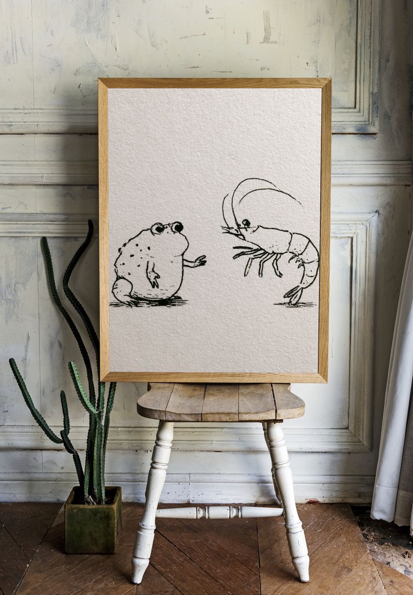 Frog and Shrimp Ink Illustration Poster. room preview