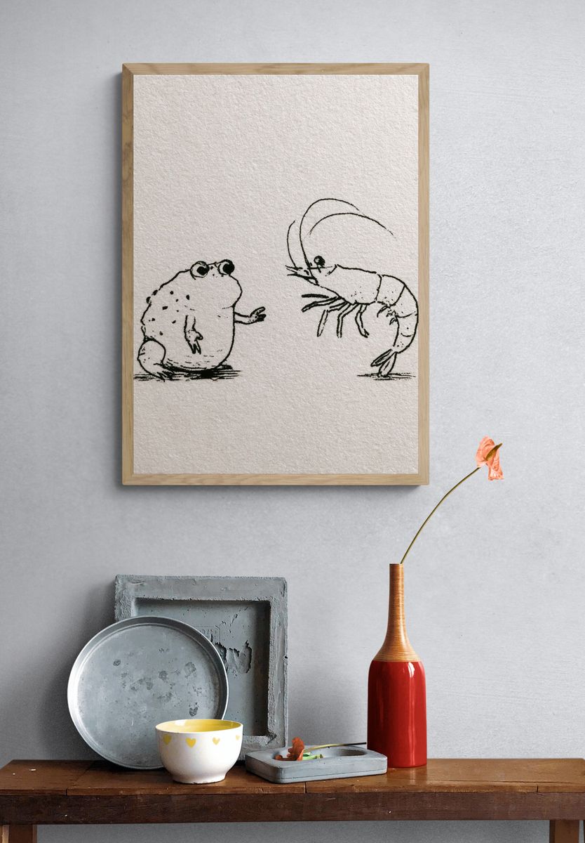 Frog and Shrimp Ink Illustration Poster. — room view 3