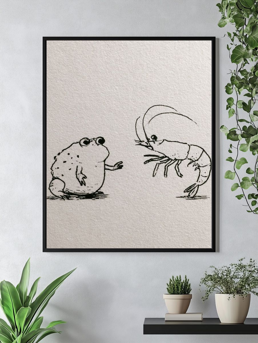 Frog and Shrimp Ink Illustration Poster. — room view 4