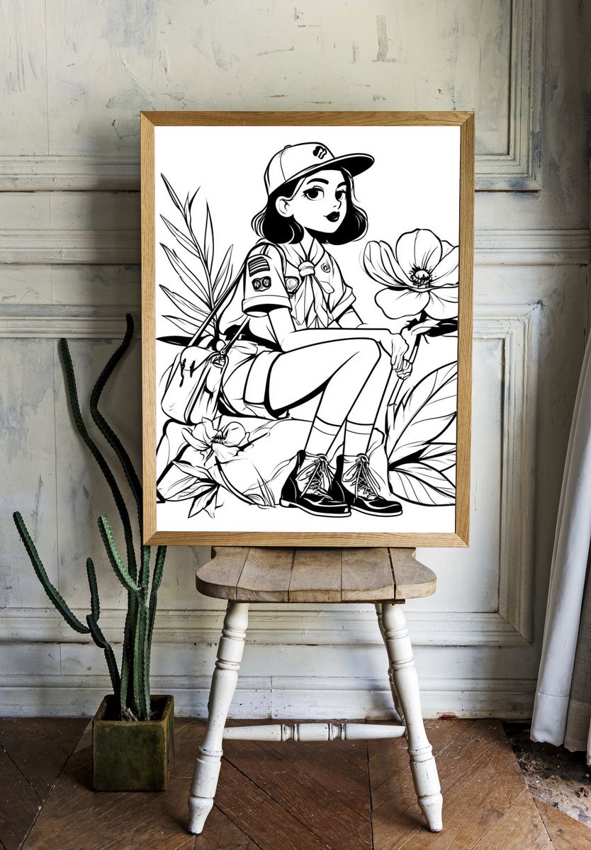Girl Scout Floral Line Art Poster. — room view 1
