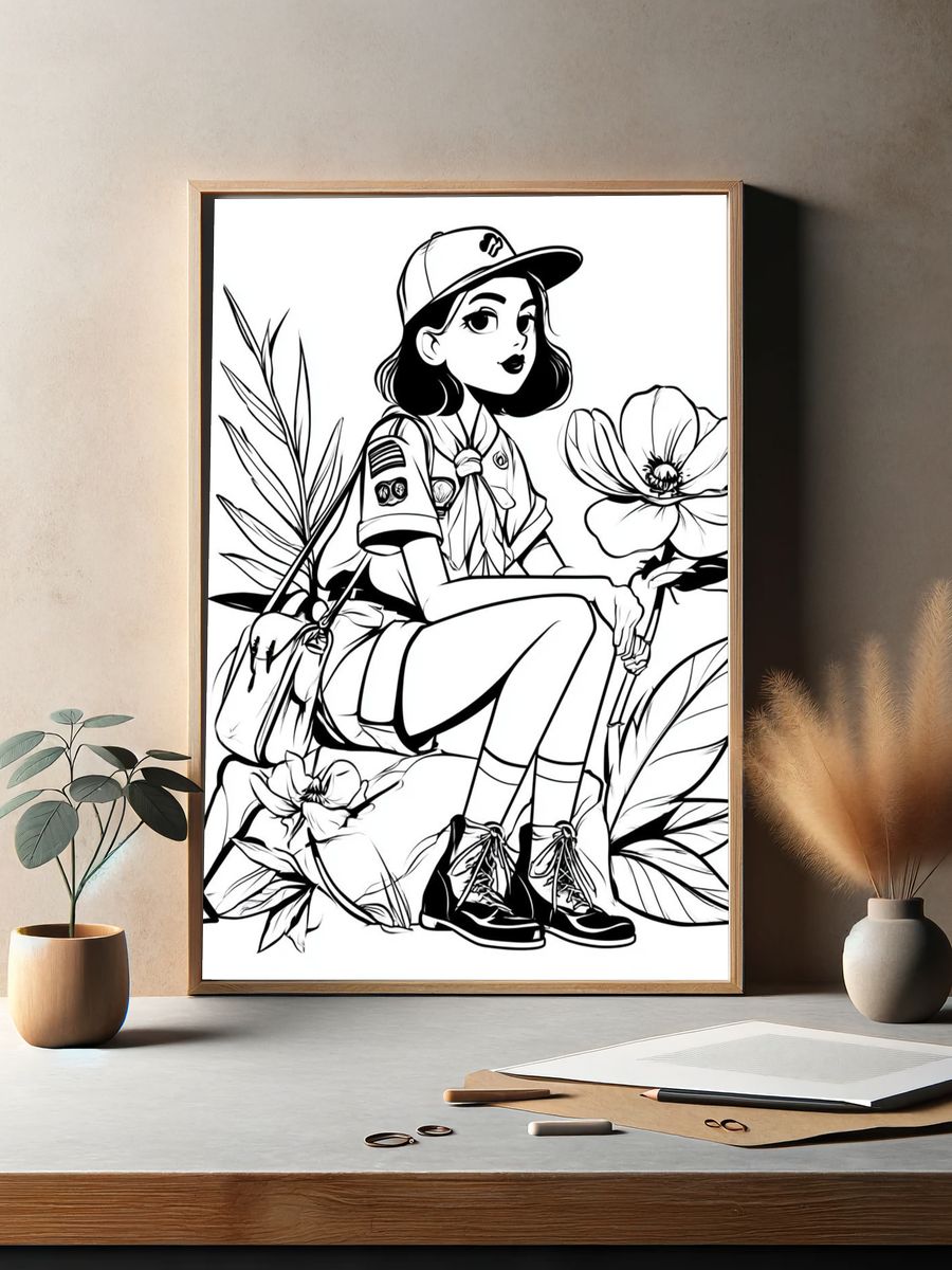 Girl Scout Floral Line Art Poster. — room view 2