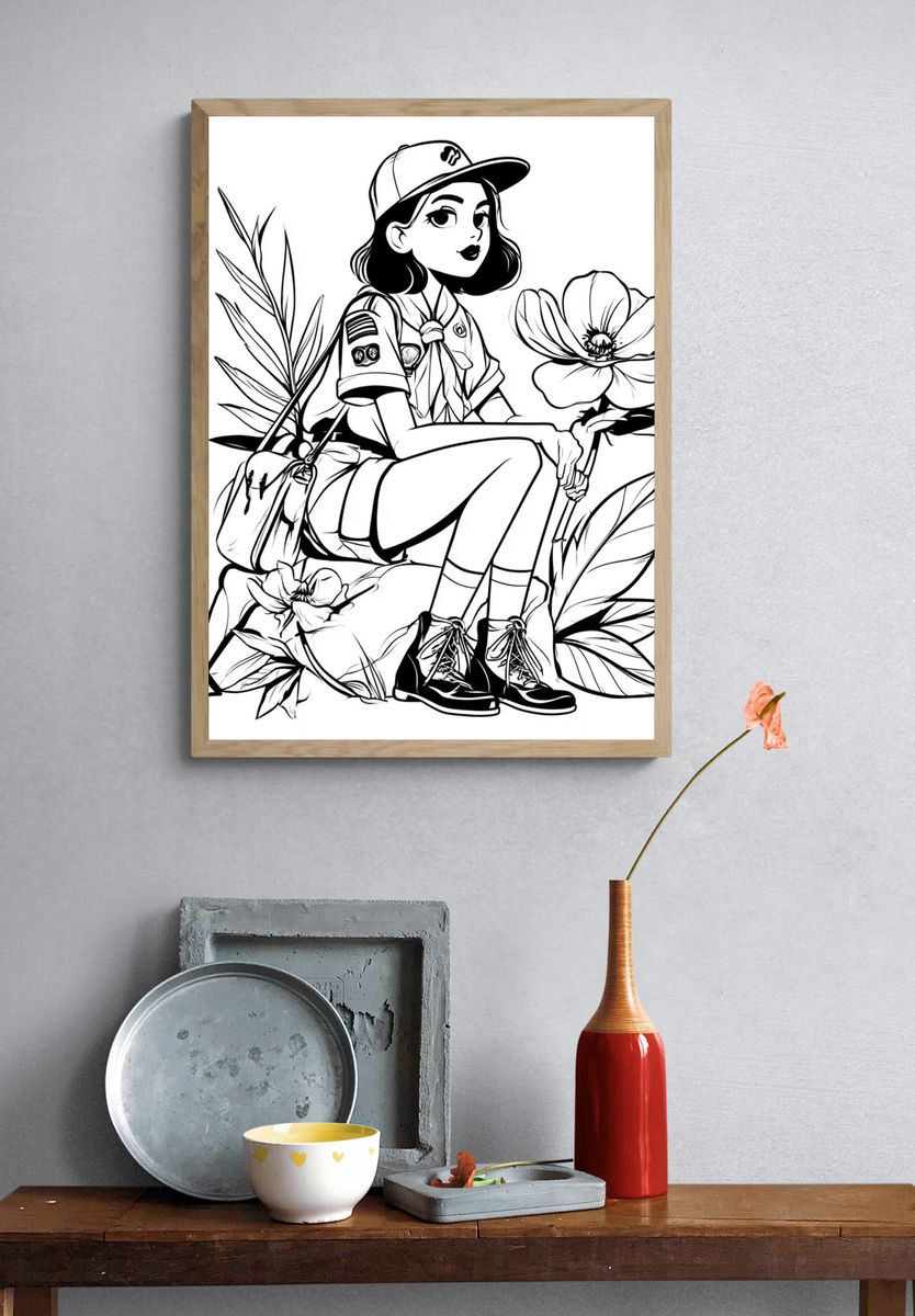 Girl Scout Floral Line Art Poster. — room view 3