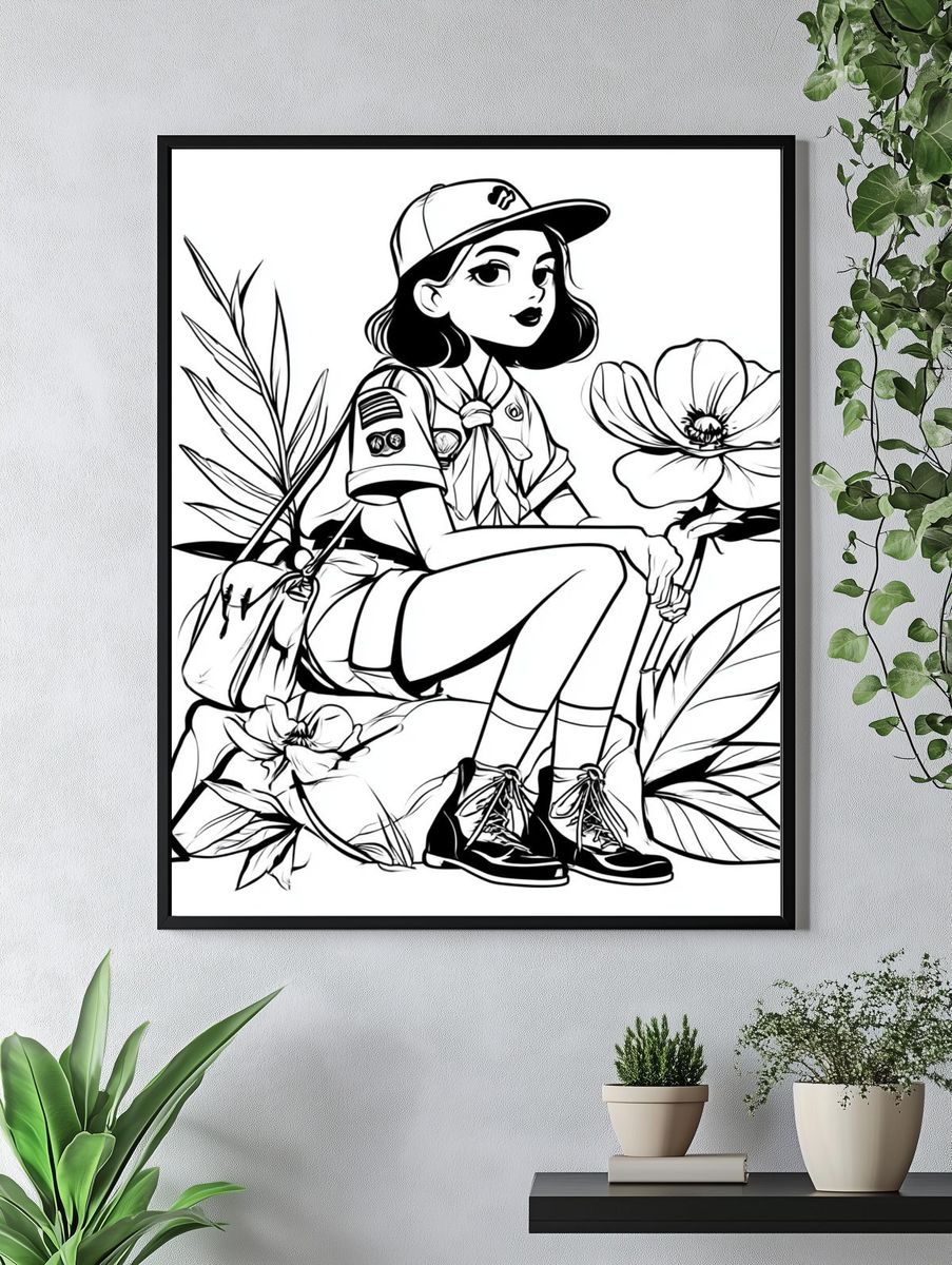 Girl Scout Floral Line Art Poster. — room view 4