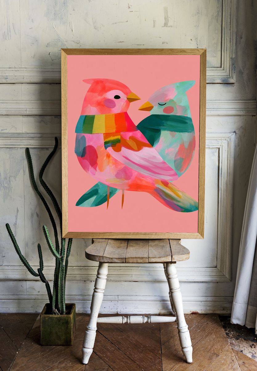 Playful Birds Illustration Poster. — room view 1