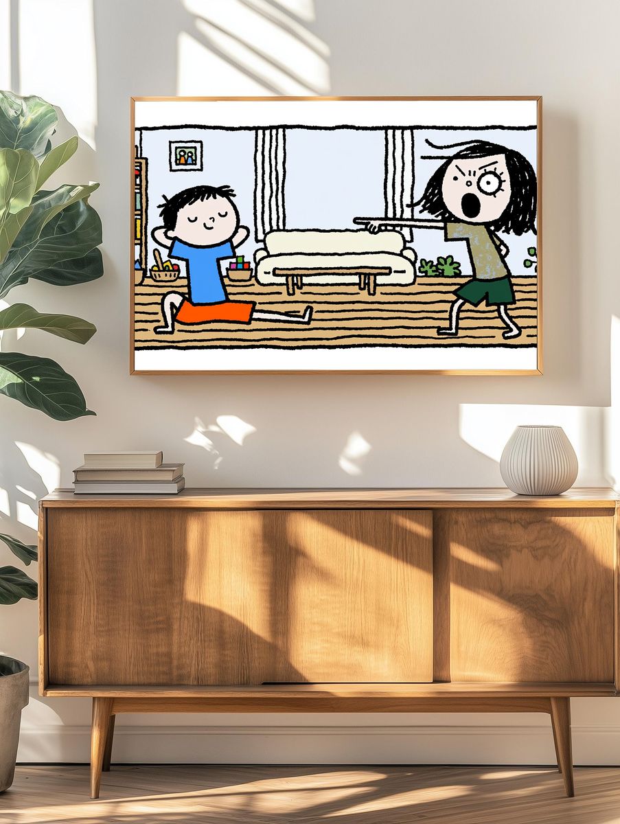 Playful Family Chaos Illustration Poster. — room view 3