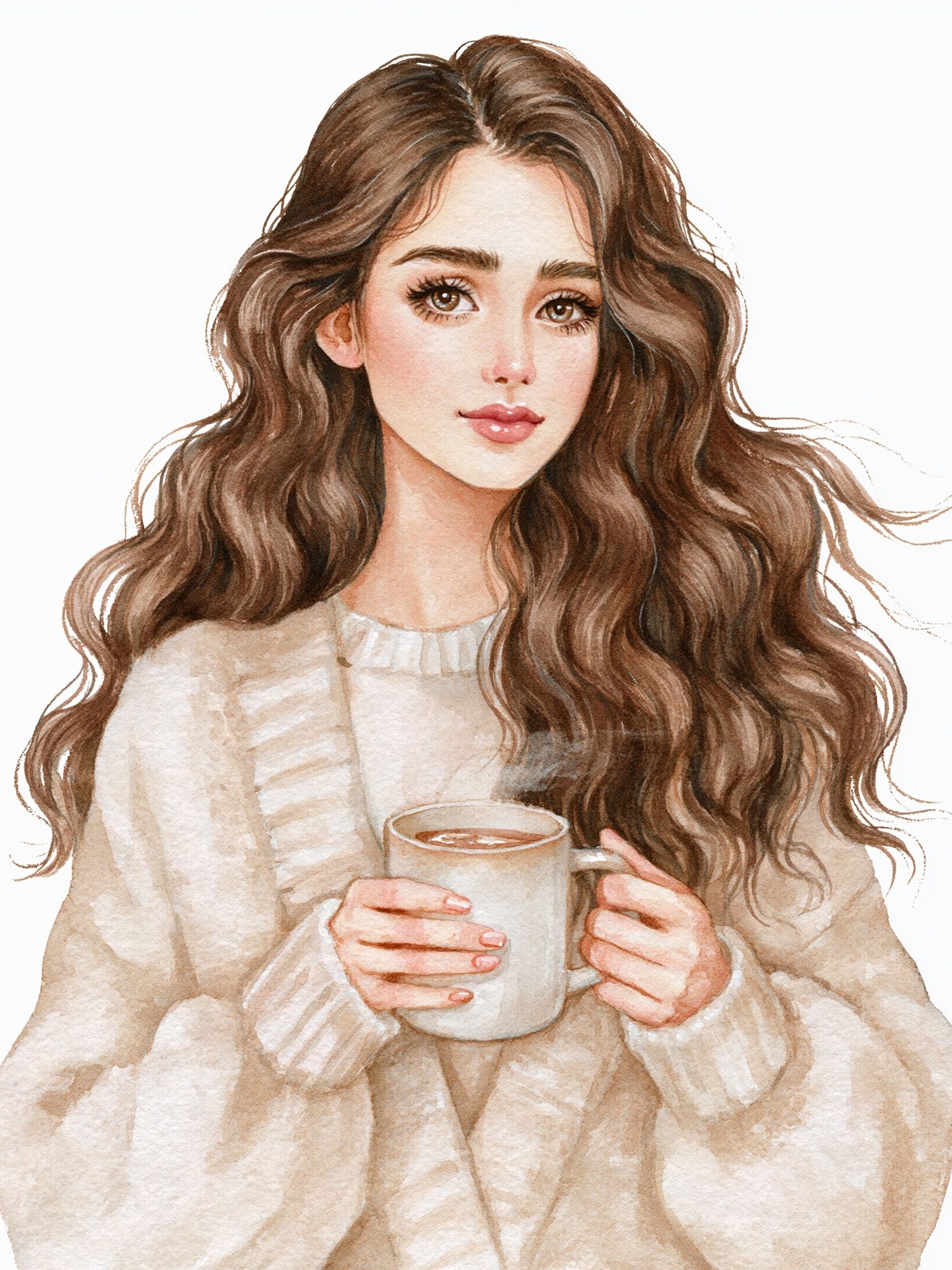 Cozy Coffee Girl Watercolor Print. poster — illustration art