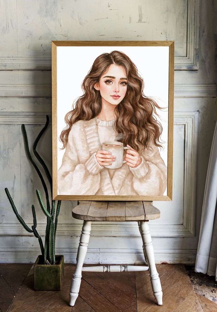 Cozy Coffee Girl Watercolor Print. room preview