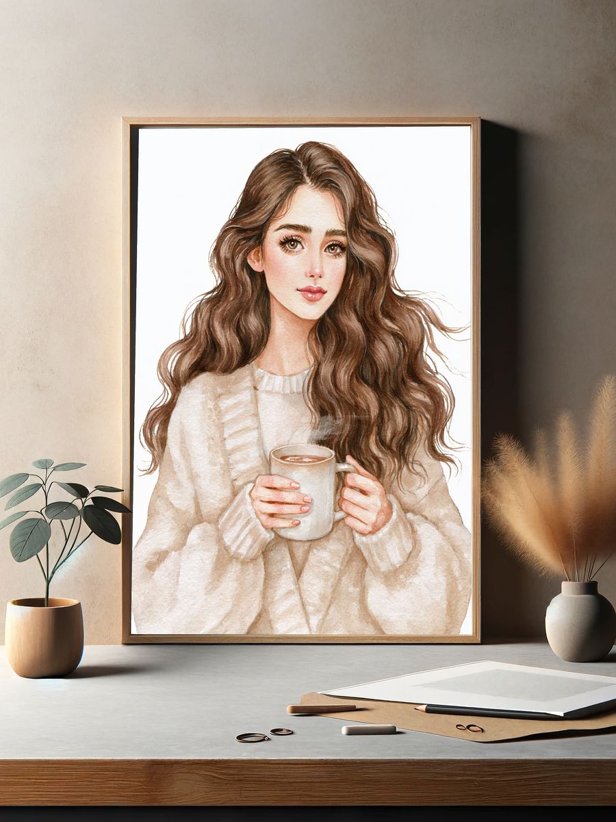 Cozy Coffee Girl Watercolor Print. — room view 2