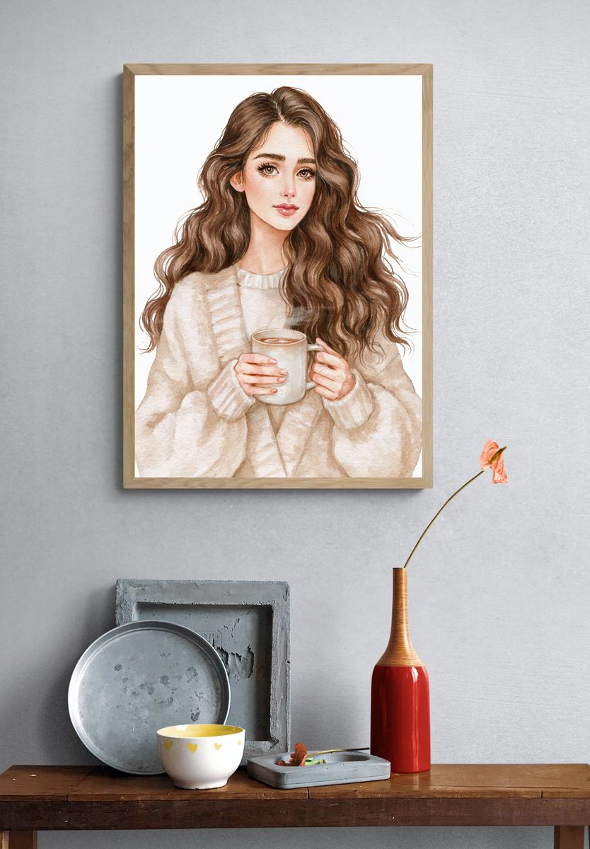 Cozy Coffee Girl Watercolor Print. — room view 3