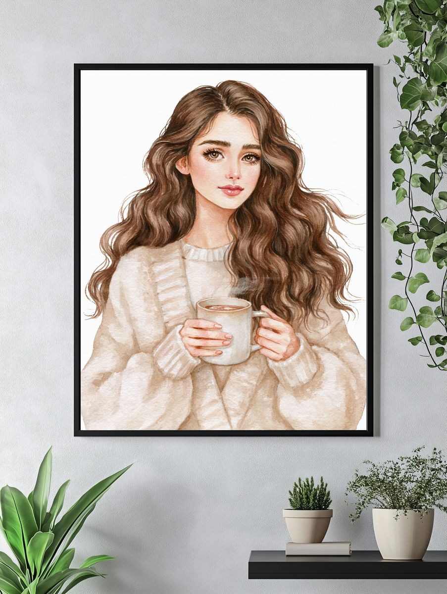 Cozy Coffee Girl Watercolor Print. — room view 4