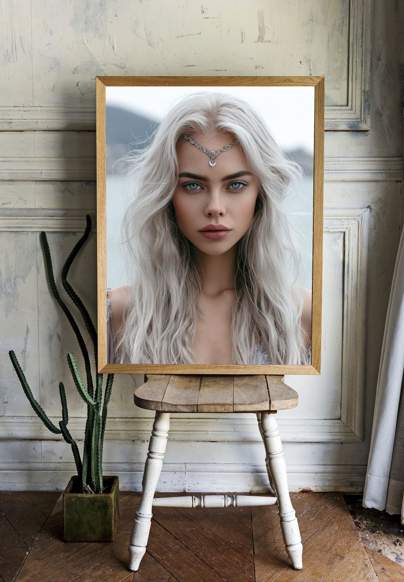 Silver-Haired Fantasy Portrait Print. room preview