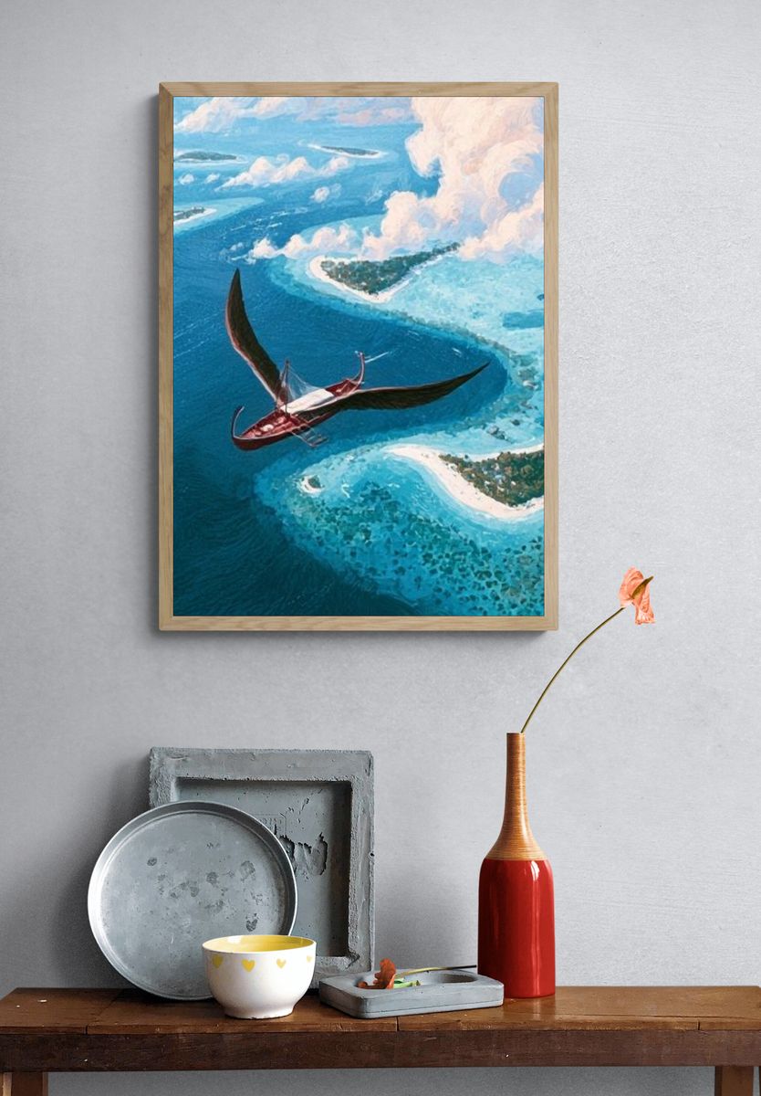 Flying Boat Over Tropical Lagoon Print. — room view 3