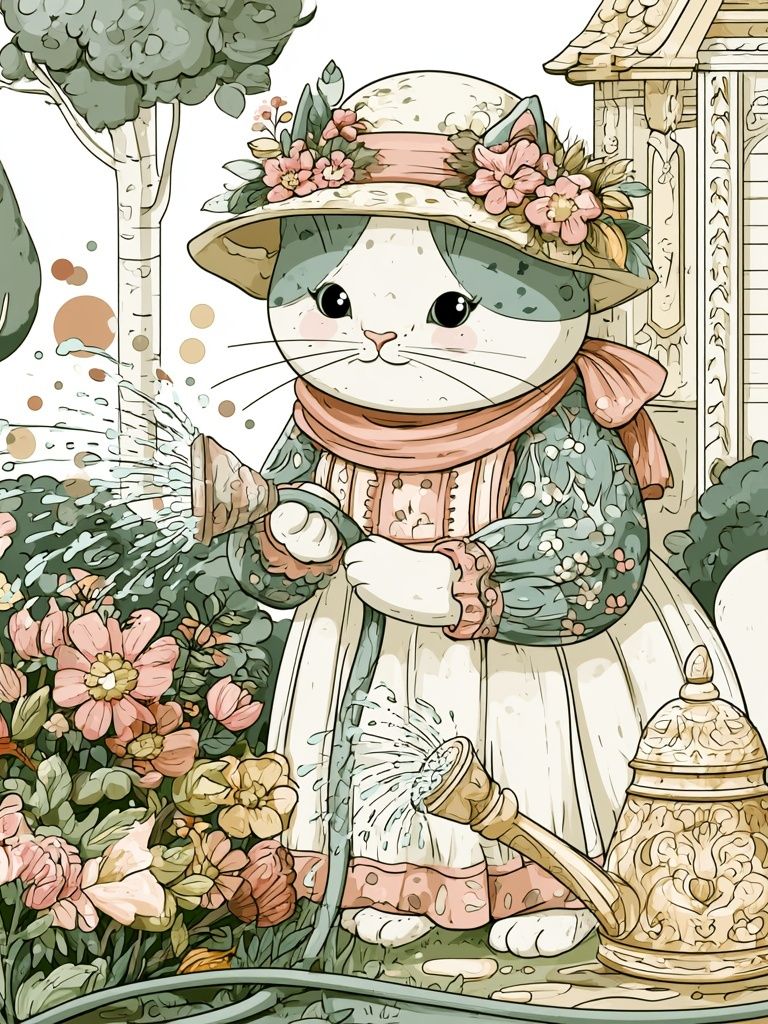 Garden Cat Watering Illustration Poster. poster detail