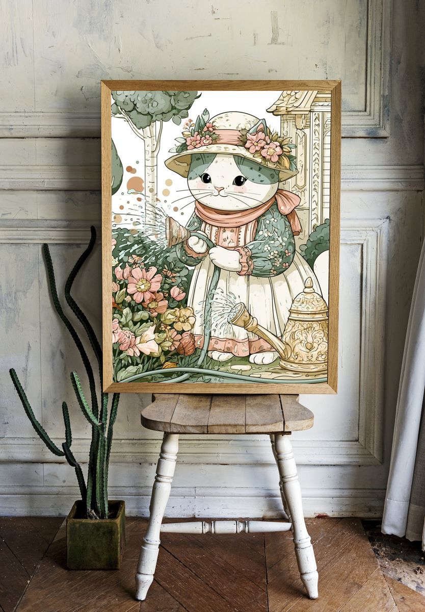 Garden Cat Watering Illustration Poster. — room view 1