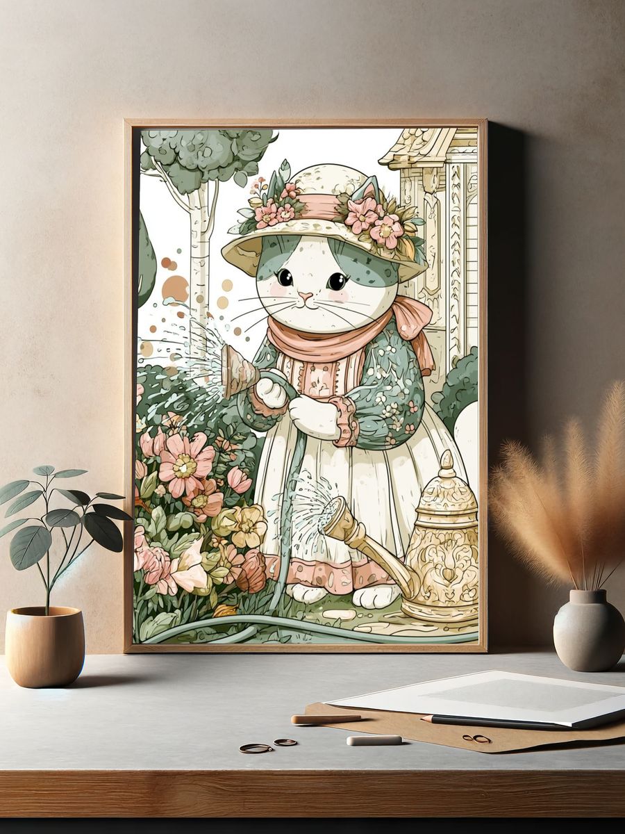 Garden Cat Watering Illustration Poster. — room view 2