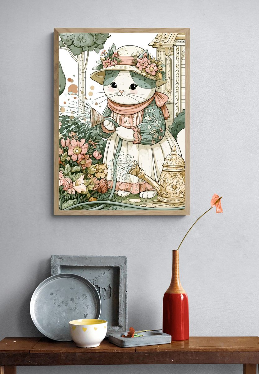 Garden Cat Watering Illustration Poster. — room view 3