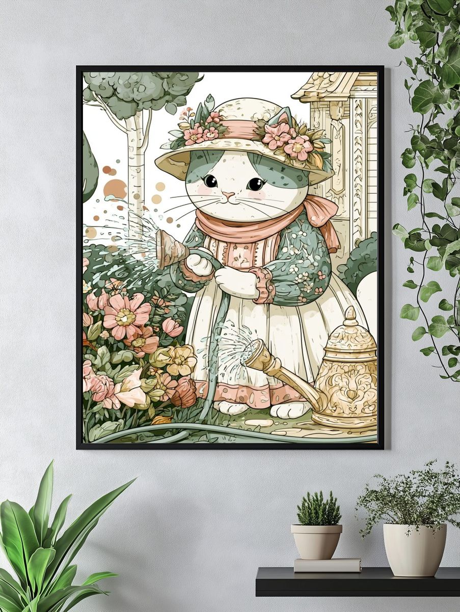 Garden Cat Watering Illustration Poster. — room view 4