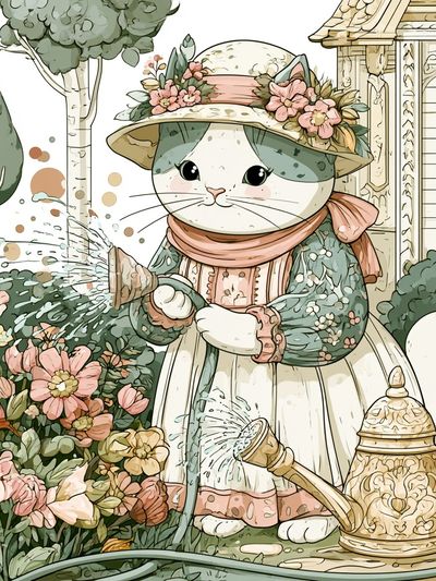 Garden Cat Watering Illustration Poster. poster print