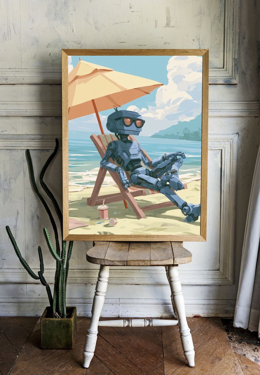 Beach Robot Relaxation Illustration Poster. — room view 1
