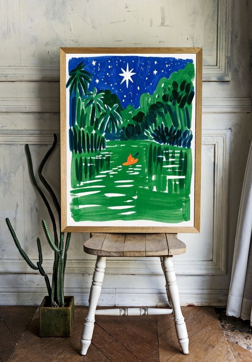 Tropical Night River Illustration Poster. — room view 1