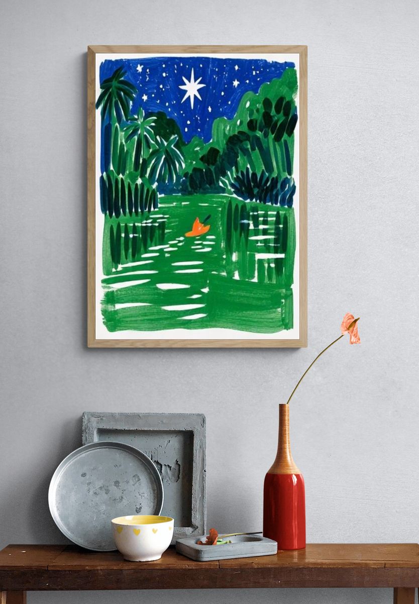 Tropical Night River Illustration Poster. — room view 3