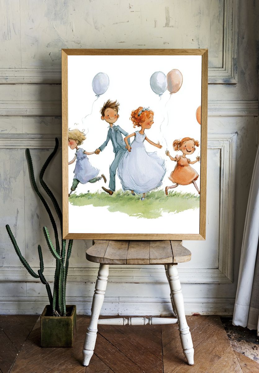 Children with Balloons Watercolor Print. — room view 1